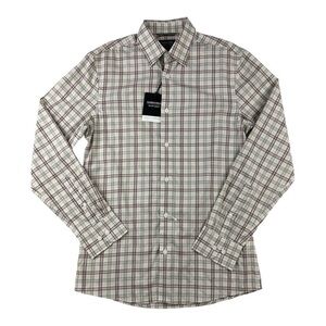 Nordstrom Trim Fit Button Down Dress Shirt Beige and Red Plaid Size S